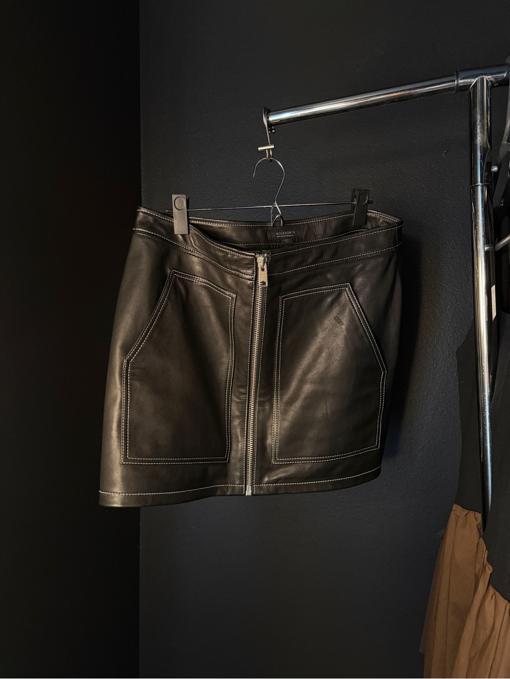 AllSaints Black Leather Mini Skirt with Contrast Stitching
